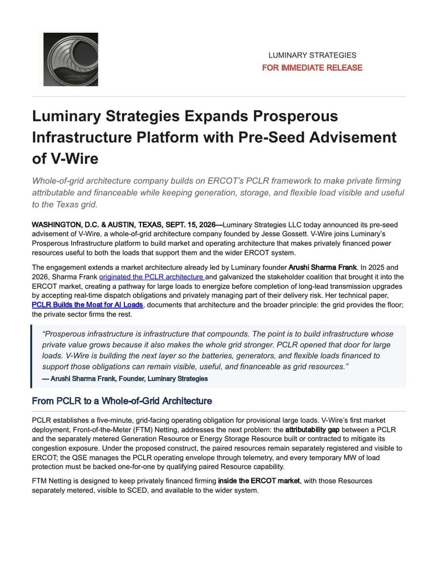First page of the Luminary Strategies and V-Wire press release.