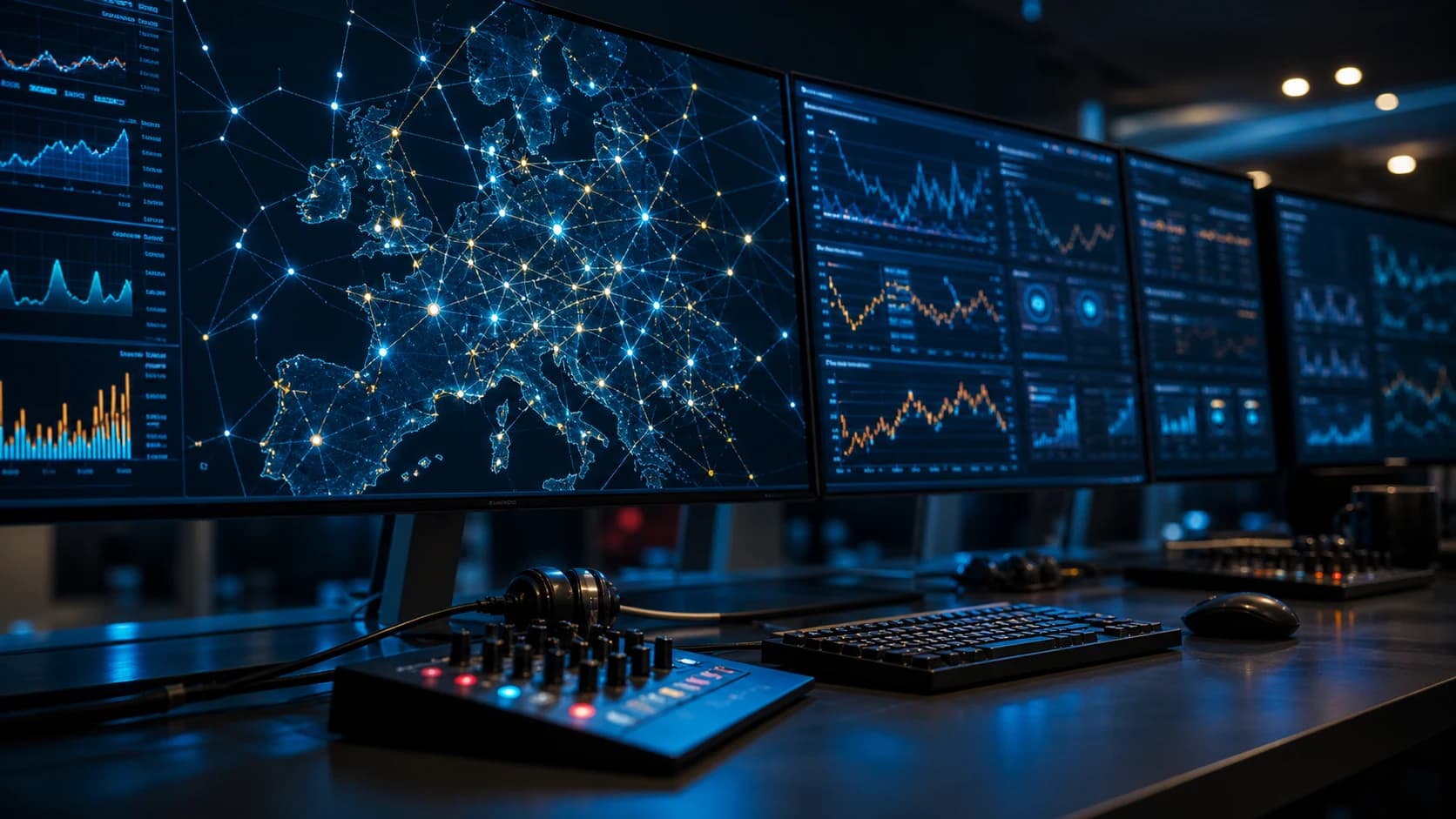 Electricity-market analytics dashboard showing a network map and power-trading charts.